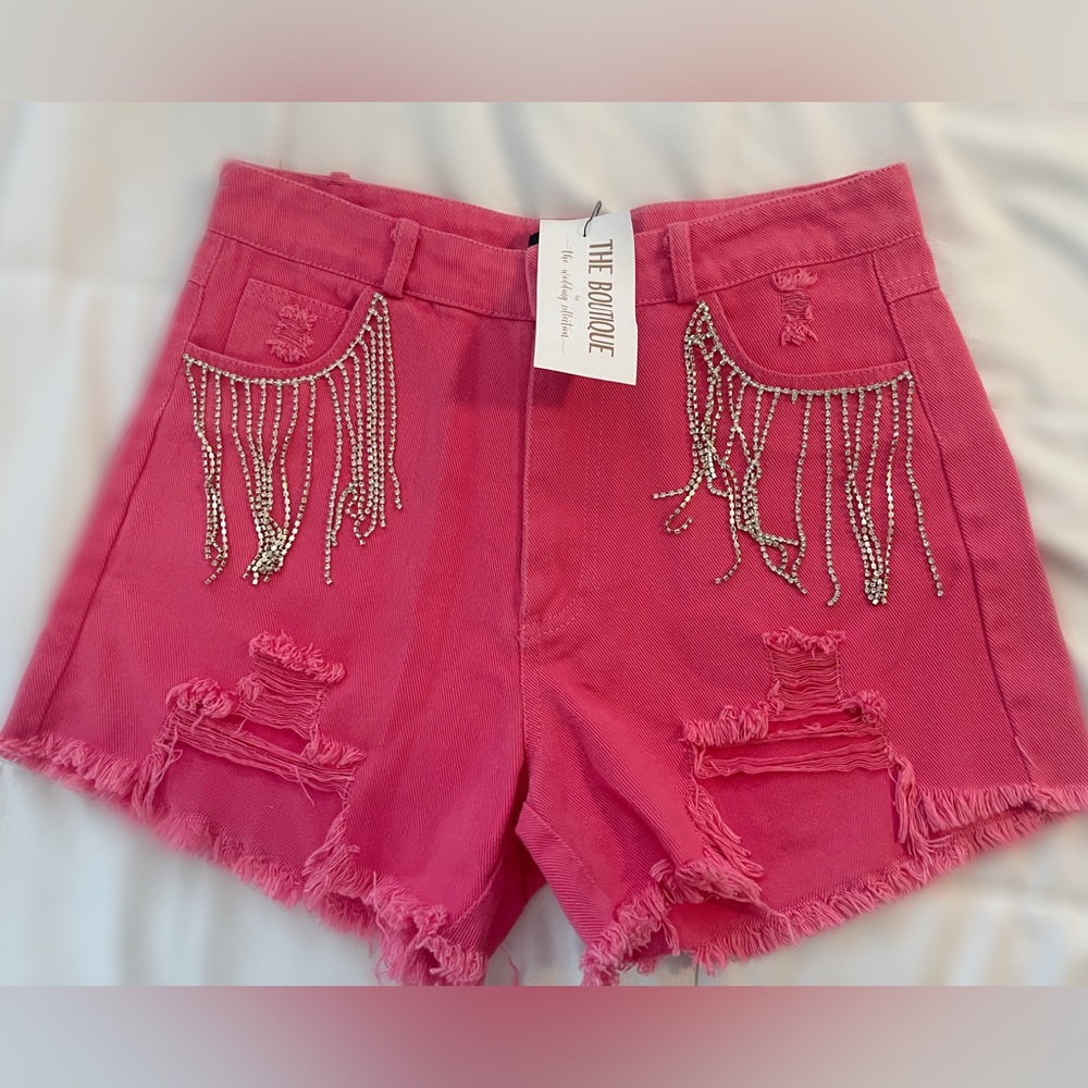 Pink rhinestone tassel shorts